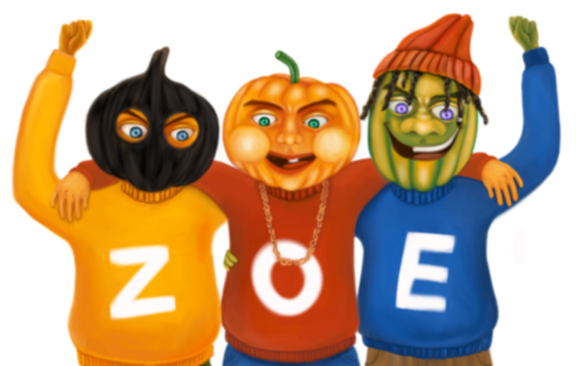 three pumpkin man in clothes with ZOE